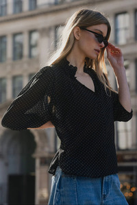 Closure Black Mini Polka Dot High Neck Buttoned SS Top