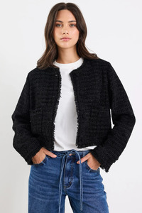 Outerwear: Honoured Black Texture Tweed Buttoned Jacket