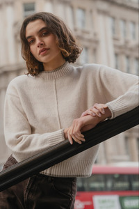 Sweatshirts: Edge Ivory Mock Neck Contrast Trim Jumper
