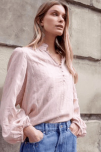 Premise Blush Stripe High Neck Buttoned LS Top