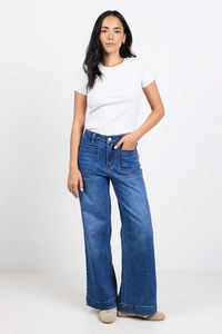 All: Zoey Marine Blue Petite High Rise Wide Leg Pocket Jean