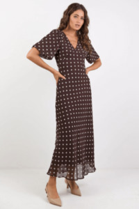 Maxi Dresses: Aura Chocolate Polka Dot Puff Short Sleeve Bias Midi Dress