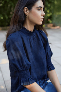 Verse Navy Sheer High Neck Short Sleeve Top