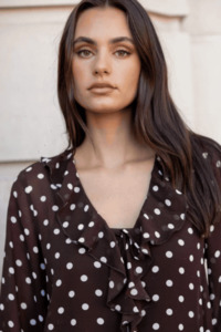 Bohemian Chocolate Polka Dot Sheer Frill Front Blouse