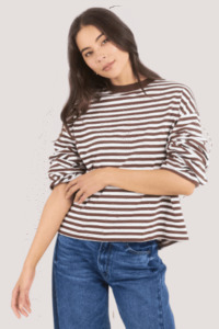 Unite Chocolate White Stripe Long Sleeve Contrast Binding Tee