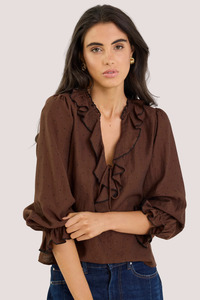 Decorate Chocolate Black Polka Dot Frill Front Mid Sleeve Top