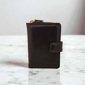 Genuine Leather: Woman’s Genuine Leather Bi Fold Zip Around Wallet - Black With Crocodile Tab