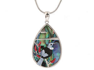 Kiwicraft Paua Shell Tui on Flax Pendant with Box