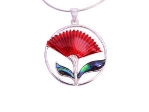 Kiwiana Jewellery: Kiwicraft Red Pohutukawa Paua Shell Round Pendant with Box