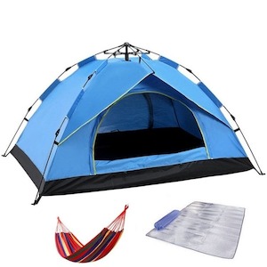 Camping And Outdoors: 3 Piece 3-4 Person Insta-Build Tent, Hammock, Tent Mat, 210T Waterproofing, UV Resistant
