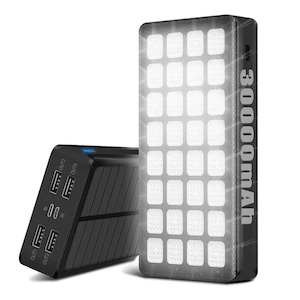 30000mAh POWER BANK AC/Solar Dual Recharging, LED Camping/Work Light Panel