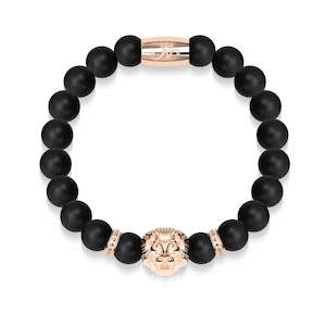 Jewelry: 18k Rose Gold Lion | Matte Black Agate | Kingdom Bead Bracelet | Men's