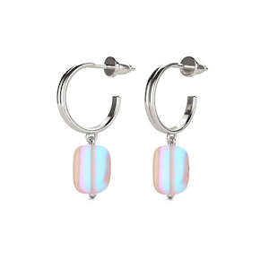 Rainbow White | .925 Sterling Silver | Mermaid Glass Pebble Huggie Earrings