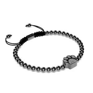 Animal Instinct 1: Paw | Gunmetal | Black | Crystal Pup Print | Macrame Charmballa Bracelet