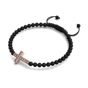 Symbolic Charms: Crystal Cross | 18k Rose Gold & Gunmetal | Black | Macrame Charmballa Bracelet