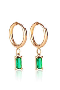 Jewellery: Luxe Drop Huggie Earrings - Emerald/Gold