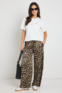 Casual Pants: Townie Elastic Waist Satin Pant - Animal