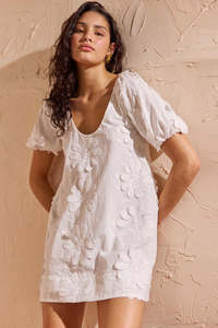 Dress: MINKPINK Alessia Smock Floral Applique Mini Dress - White