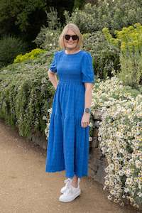 Boho Dresses: Cobalt - Textured Short Sleeve Shirred Josephine Dress