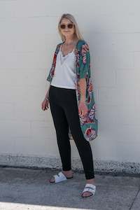 Kimonos: Teal & Rust Leaf - Long Patterned Kimono