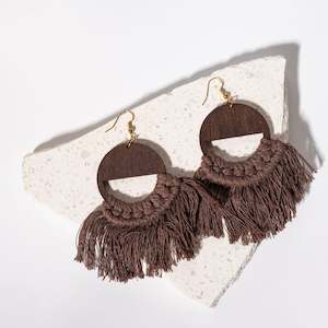 Earrings: Chocolate Macrame Tassel Wooden Earrings