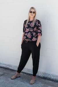 Tops: Short Sleeve Verity Tie Top - Black/Pink Floral