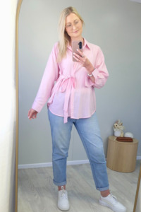 Tie Front Button Up Shirt - Pale Pink