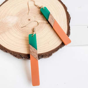 Earrings: Teal/Brick - Rectangular Wood & Resin Earrings