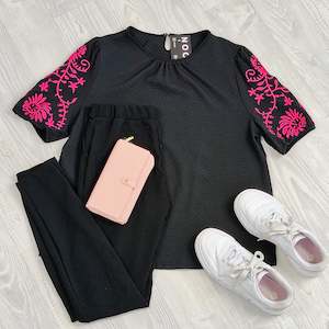 Floral Raglan Tops: Black - Textured Embroidered Jaz Top