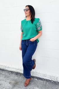Floral Raglan Tops: Green - Textured Embroidered Jaz Top
