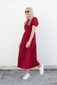 Boho Dresses: Raspberry - Textured Short Sleeve Shirred Josephine Dress