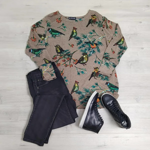 Acrylic Jerseys: Vintage Bird Print Acrylic Jersey - Fawn