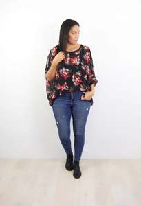 All D T And B T: Black & Red Floral Draped Top - Floral Collection
