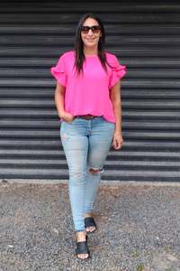 Hot Pink - Silky Vanessa Ruffle Sleeve Top