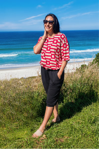 Tops: Short Sleeve Verity Tie Top -Ruby/taupe Mosaic