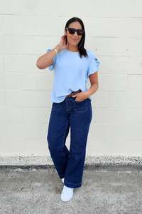 Light Blue - Silky Vanessa Ruffle Sleeve Top