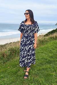 Dresses: Shirred Bust Soph Maxi - Navy & White Abstract