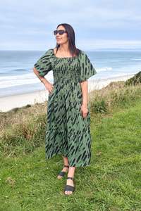 Shirred Bust Soph Maxi - Green & Black Abstract