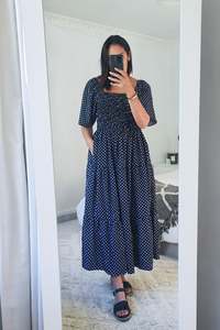Dresses: Shirred Bust Soph Maxi - Navy Polka Dot