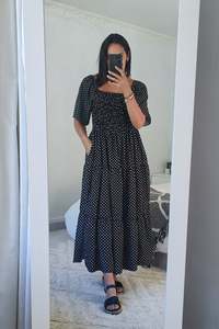 Dresses: Shirred Bust Soph Maxi - Black Polka Dot