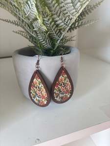 Earrings: Floral Art Teardrop Wooden Earrings