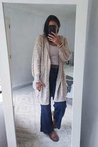 All Nooz Cardis: Hooded Cable Knit Cardigan - Beige