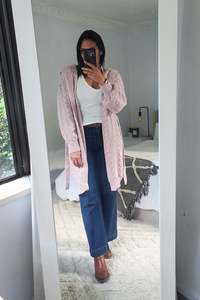 All Nooz Cardis: Hooded Cable Knit Cardigan - Blush