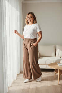 Pants Skirts: Curvy Wide Leg Leisure Pants - Mocha
