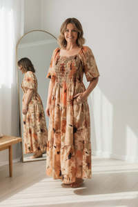 Dresses: Shirred Bust Soph Maxi - Peach Floral