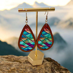Abstract Wave - Stained Glass Wood & Resin Earring