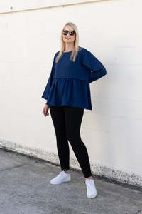 Tops: Navy - Long Sleeve Frill Detail Top