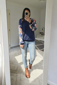 Floral Sleeve Lina Top - Navy