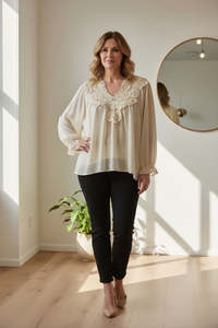 Tops: Embroidery Neckline Sheer Top -Cream