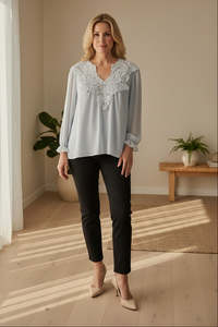 Tops: Embroidery Neckline Sheer Top -Light Blue